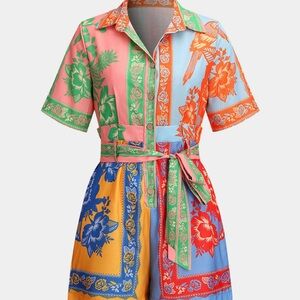 Floral Pattern Linen Button Tie-Front
Short Sleeve Romper